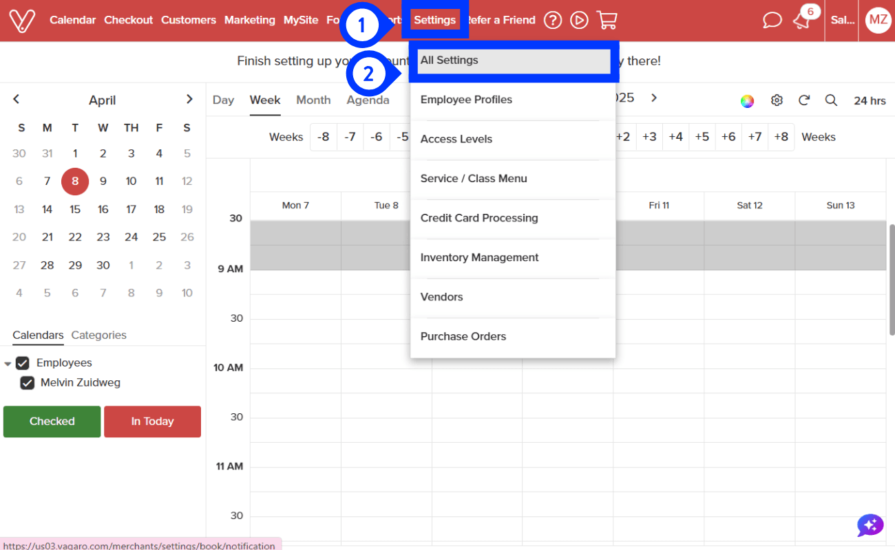 Click Settings then All Settings in Vagaro