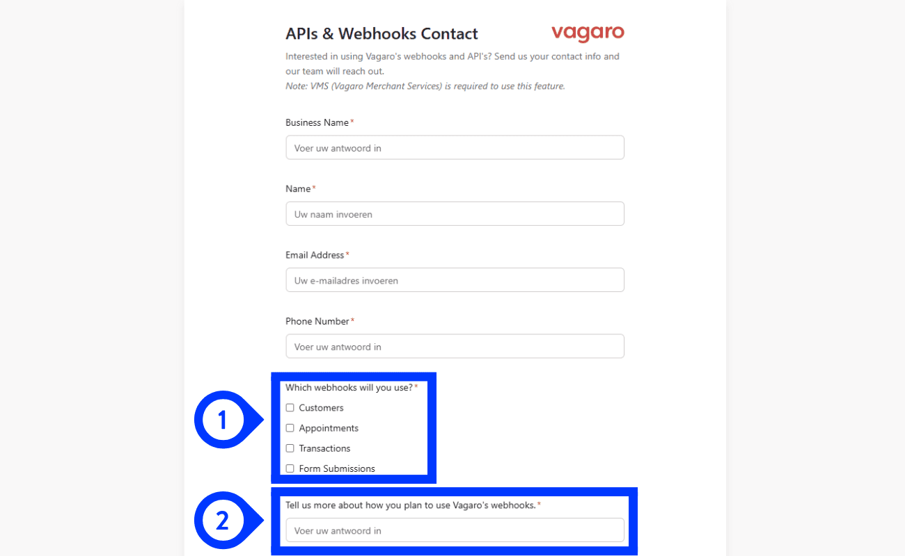 Complete the APIs & Webhooks contact form in Vagaro
