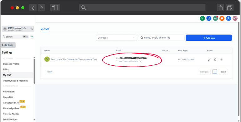 User ID location in HighLevel My Staff settings