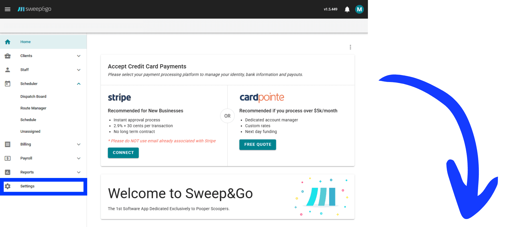 Navigate to Settings in Sweep And Go